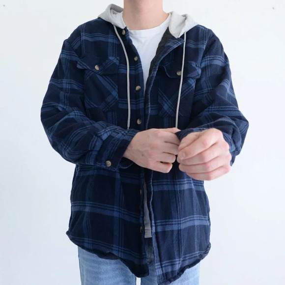 Vintage 90S Wrangler Authentics Navy And  Blue Checker Pattern With Hood Shacket - Picture 2 of 12